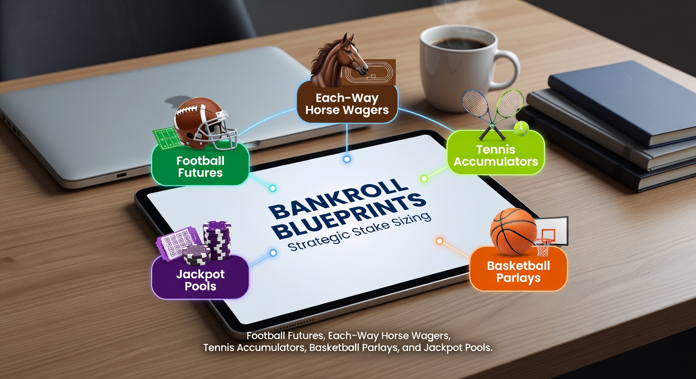 Visual blueprint showing bankroll allocation across football futures, horse racing each-way bets, tennis accumulators, basketball parlays, and jackpot pools with percentage stakes marked