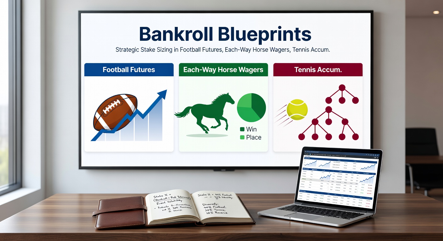 Horse racing track scene illustrating each-way bet payouts and stake sizing pyramids for bankroll protection