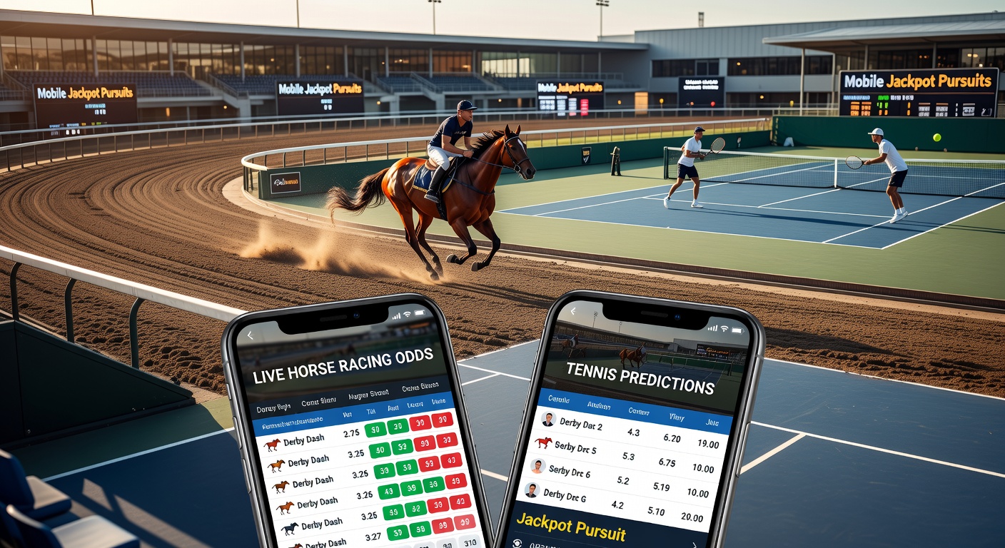 Dynamic scene of a horse racing track merging visually with a tennis court, symbolizing blended betting opportunities on mobile devices