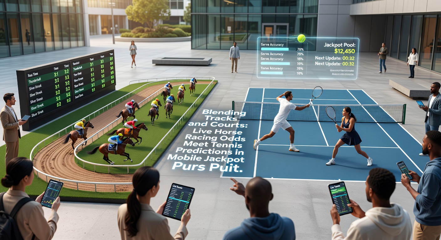 Mobile phone screen displaying live horse racing odds overlaid on a tennis match prediction interface, highlighting jackpot accumulator progress