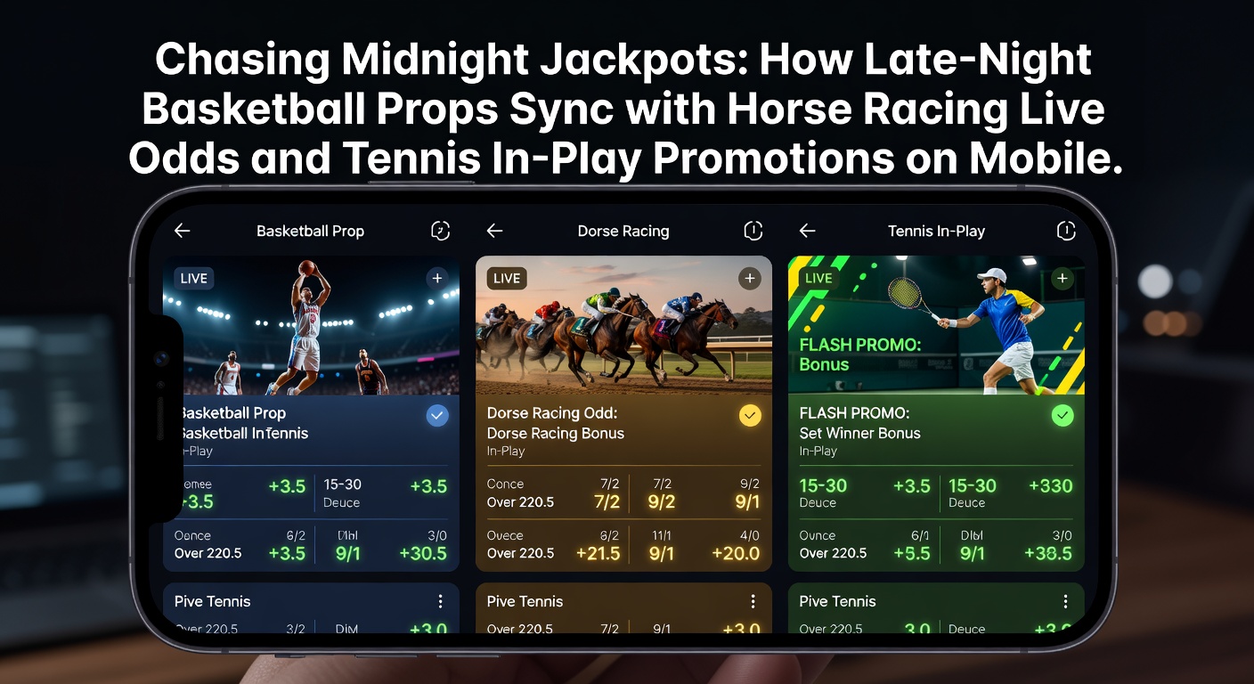 Mobile screen showing late-night basketball props overlaid with horse racing live odds and tennis in-play bets, highlighting synced jackpot opportunities