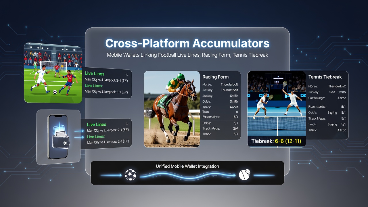 Data synchronization dashboard showing linked football, racing, tennis, and progressive slot metrics on a mobile device