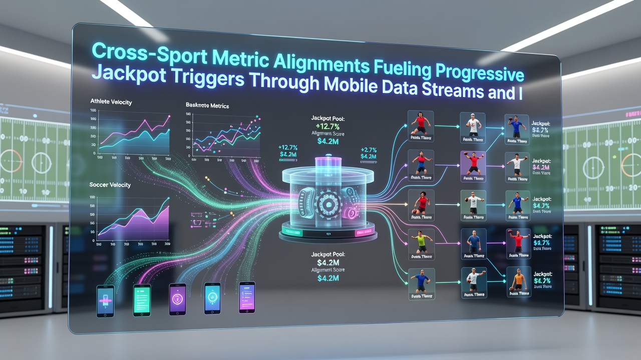 Mobile interface displaying synchronized sports metrics and progressive jackpot meter updates