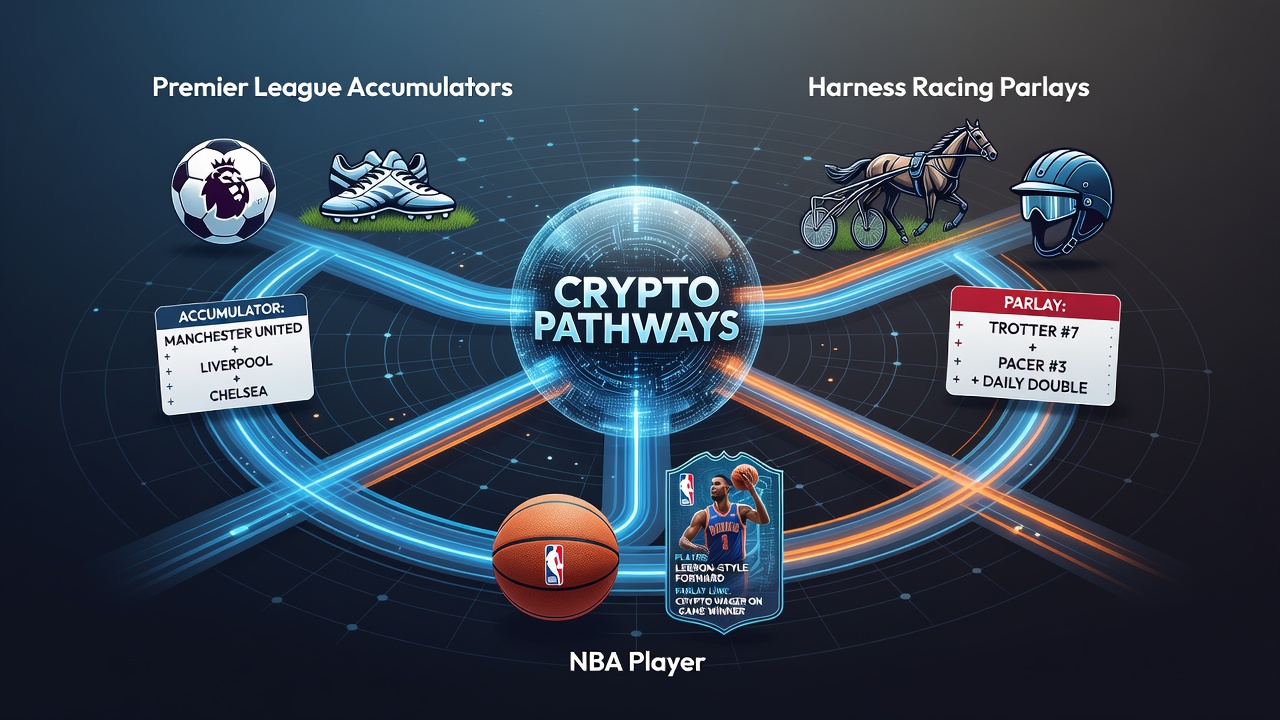 Mobile screen displaying linked Premier League, harness racing, NBA props, and casino jackpot interfaces with crypto wallet overlay