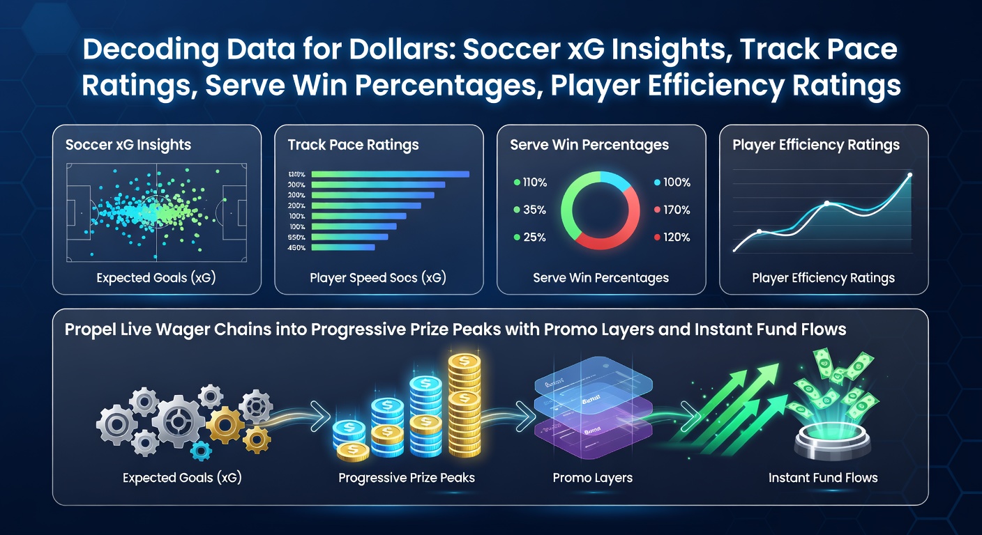 Digital dashboard displaying soccer xG metrics overlaid on a live match graphic, with horse racing pace charts and tennis serve analytics in the background, highlighting data chains to jackpot progress bars