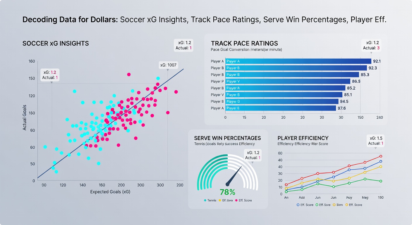 Horse racing pace chart with color-coded speed ratings transitioning to tennis serve win graphs and basketball PER leaderboards, connected by glowing wager chain icons leading to a rising progressive jackpot meter