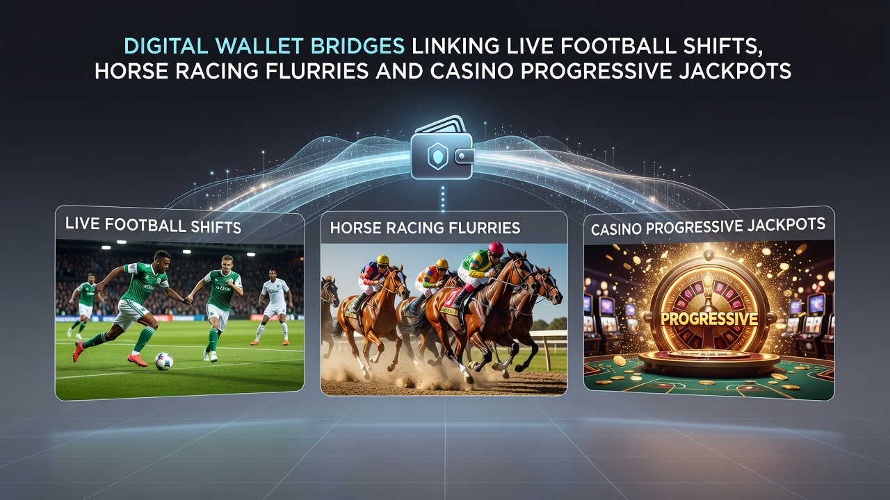 Mobile screen displaying synchronized balances across football, horse racing and casino progressive sections via digital wallet