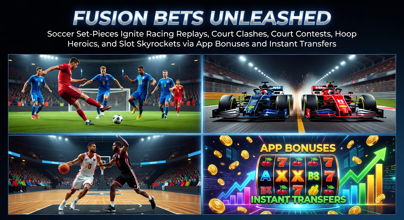 Dynamic graphic showing soccer set-piece action transitioning to horse racing finishes, tennis rallies, basketball dunks, and exploding slot jackpots on a mobile app screen