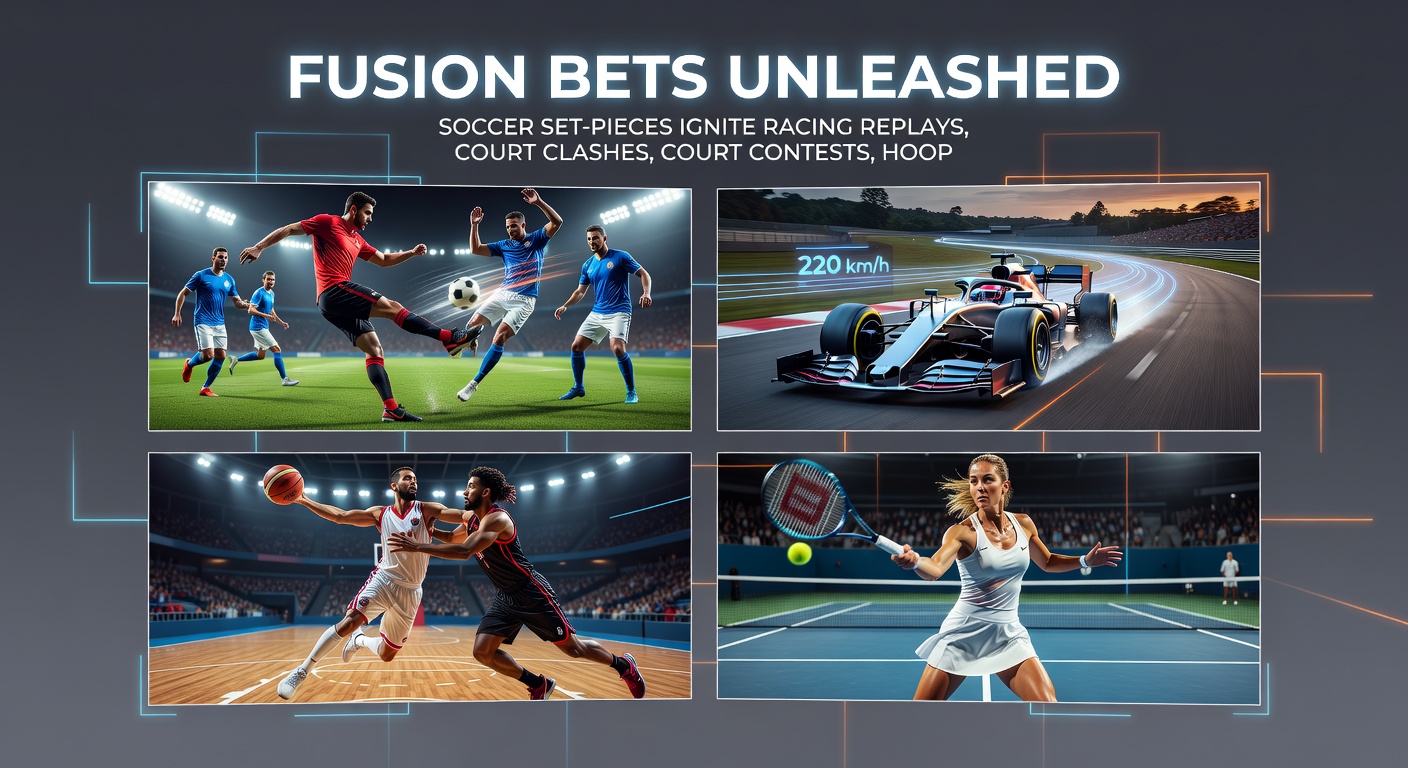 Collage of horse racing photo-finish replay, intense tennis baseline rally, and basketball slam dunk, connected by glowing app bonus icons and lightning-fast transfer arrows