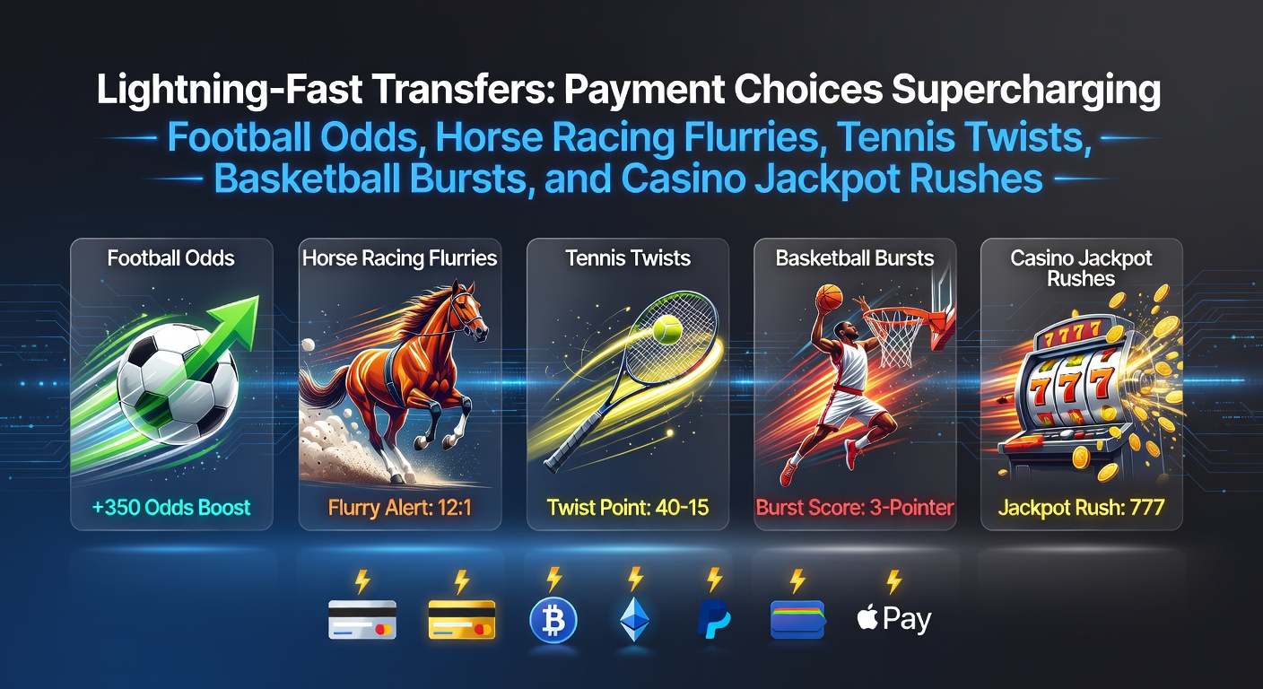 Dynamic graphic showing lightning bolts as payment icons zipping through icons of football pitches, racehorses, tennis courts, basketball hoops, and spinning casino slots