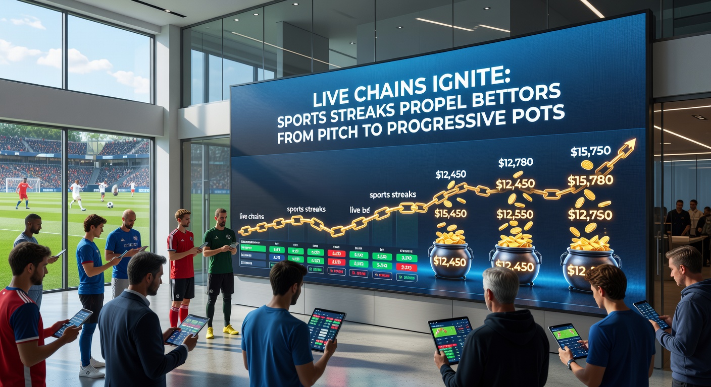 Mobile app screenshot of a bettor chaining a football live streak into a glowing progressive jackpot pot