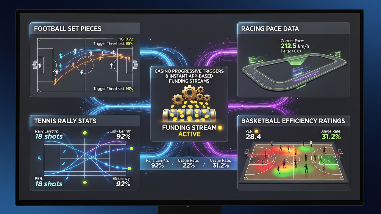 Real-time analytics dashboard showing football set pieces, racing pace, tennis rallies and basketball efficiency synced to casino triggers