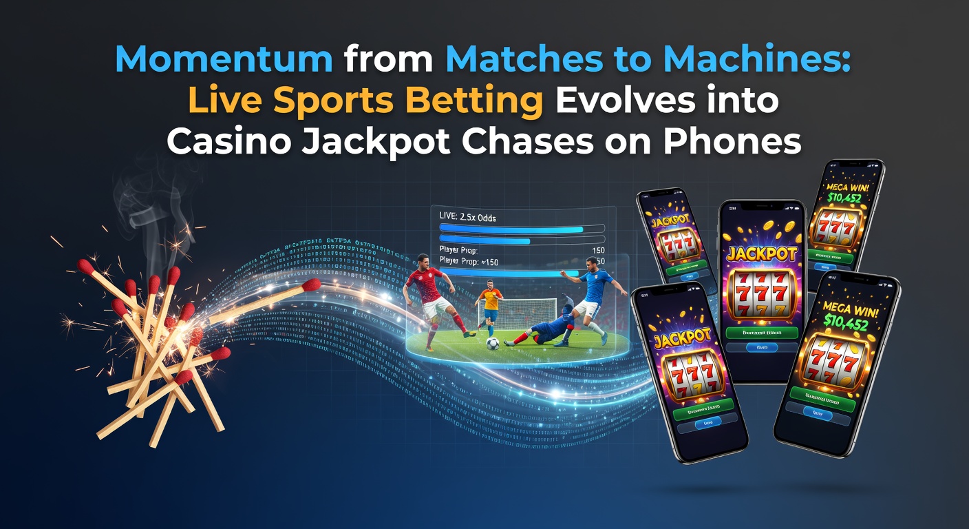 Mobile phone screen showing live soccer match odds next to a spinning casino slot jackpot wheel, capturing the seamless shift from sports action to casino thrills