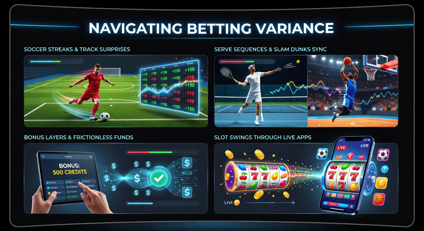 Dynamic betting screens showing soccer action, horse tracks, tennis serves, basketball dunks, and slot reels spinning in sync on a mobile app
