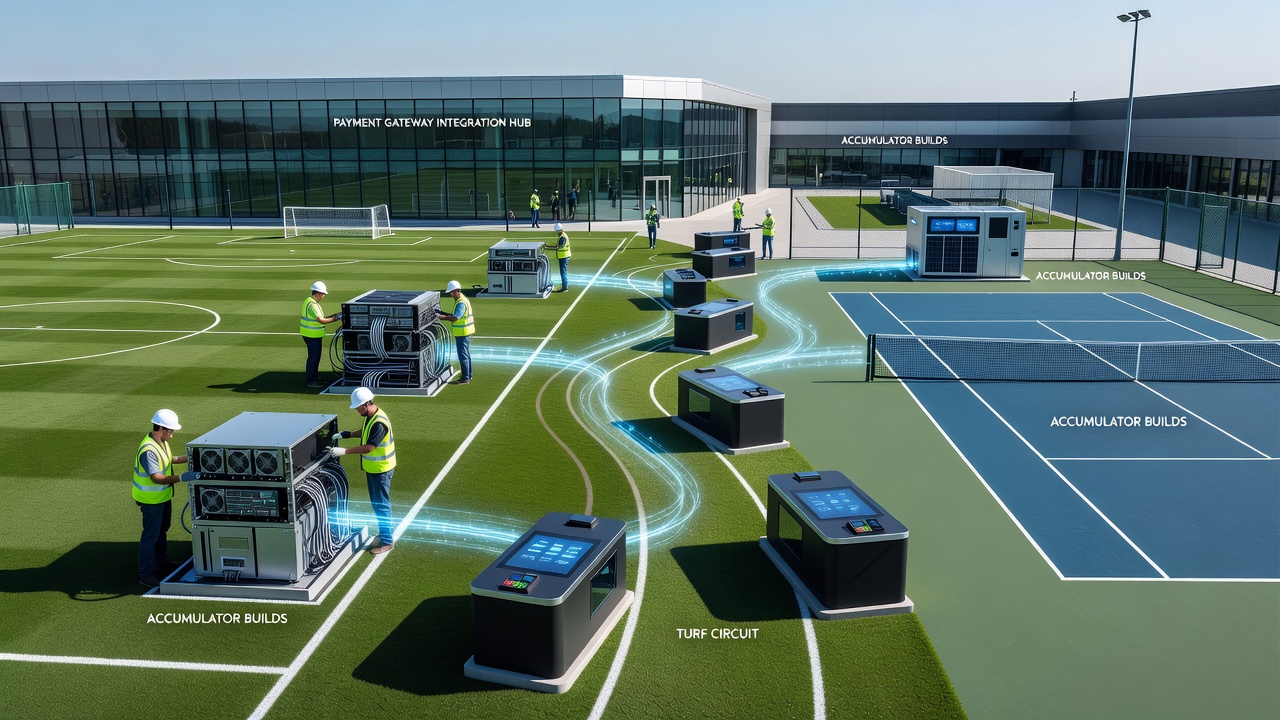 Illustration of interconnected betting flows from soccer fields and turf circuits to tennis courts and casino progressive meters via app alerts