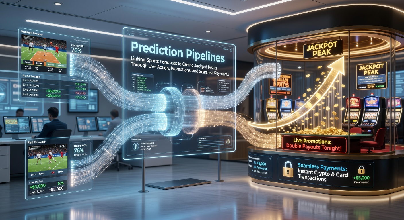 Visual representation of a digital pipeline connecting sports prediction algorithms to escalating casino jackpot meters amid live betting interfaces