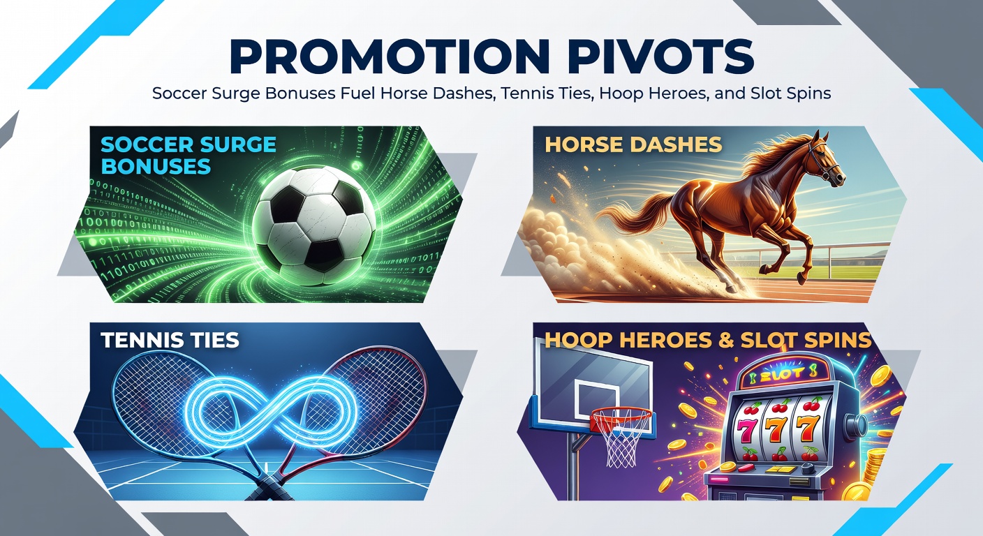 Dynamic split-screen of horse racing action, tennis serve, basketball dunk, and spinning slot reels on a mobile app