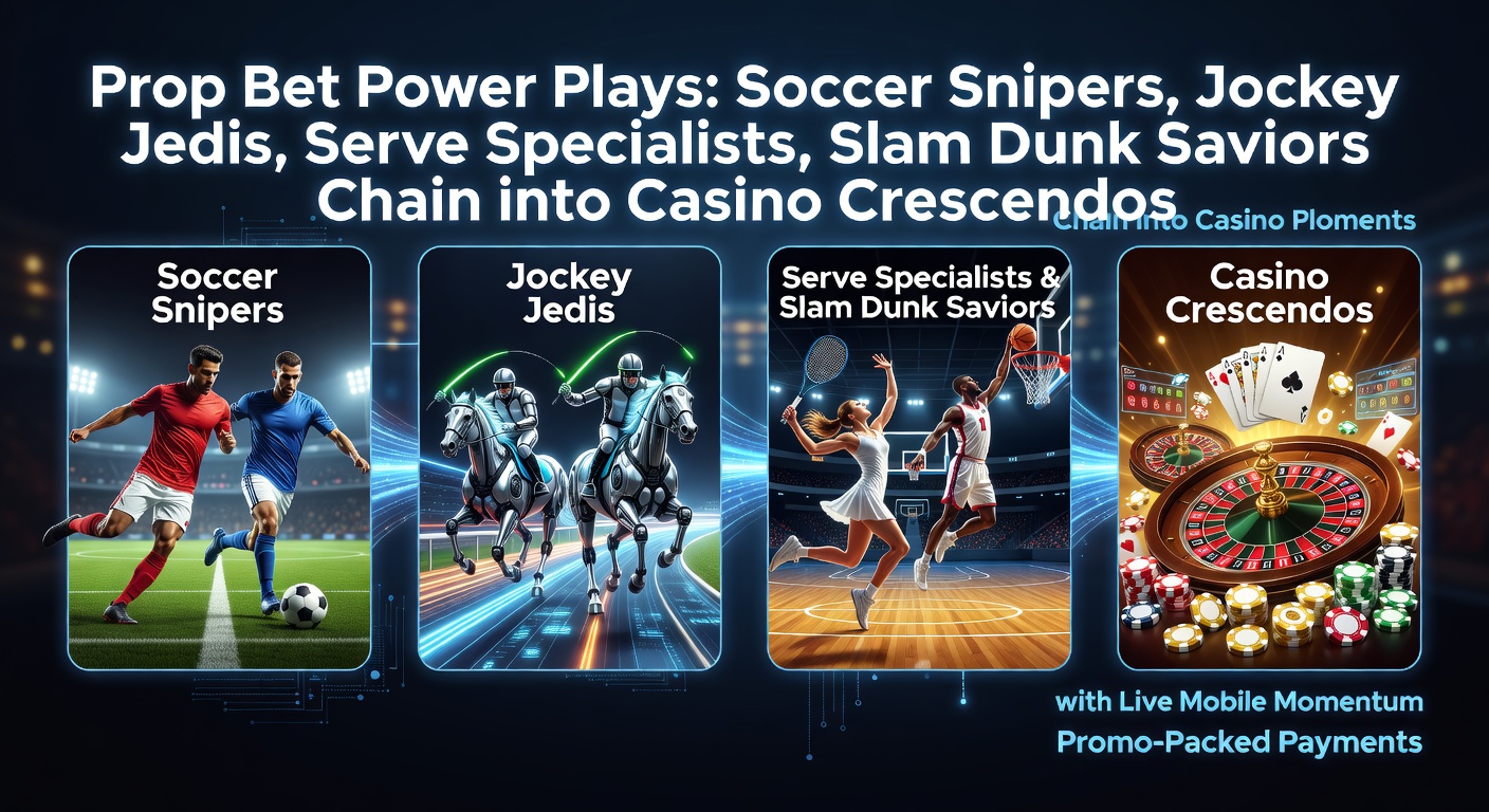 Dynamic action shot capturing a soccer player aiming a shot, a jockey urging a horse forward, a tennis serve in mid-air, and a basketball dunk, blending into glowing casino slot reels on a mobile screen