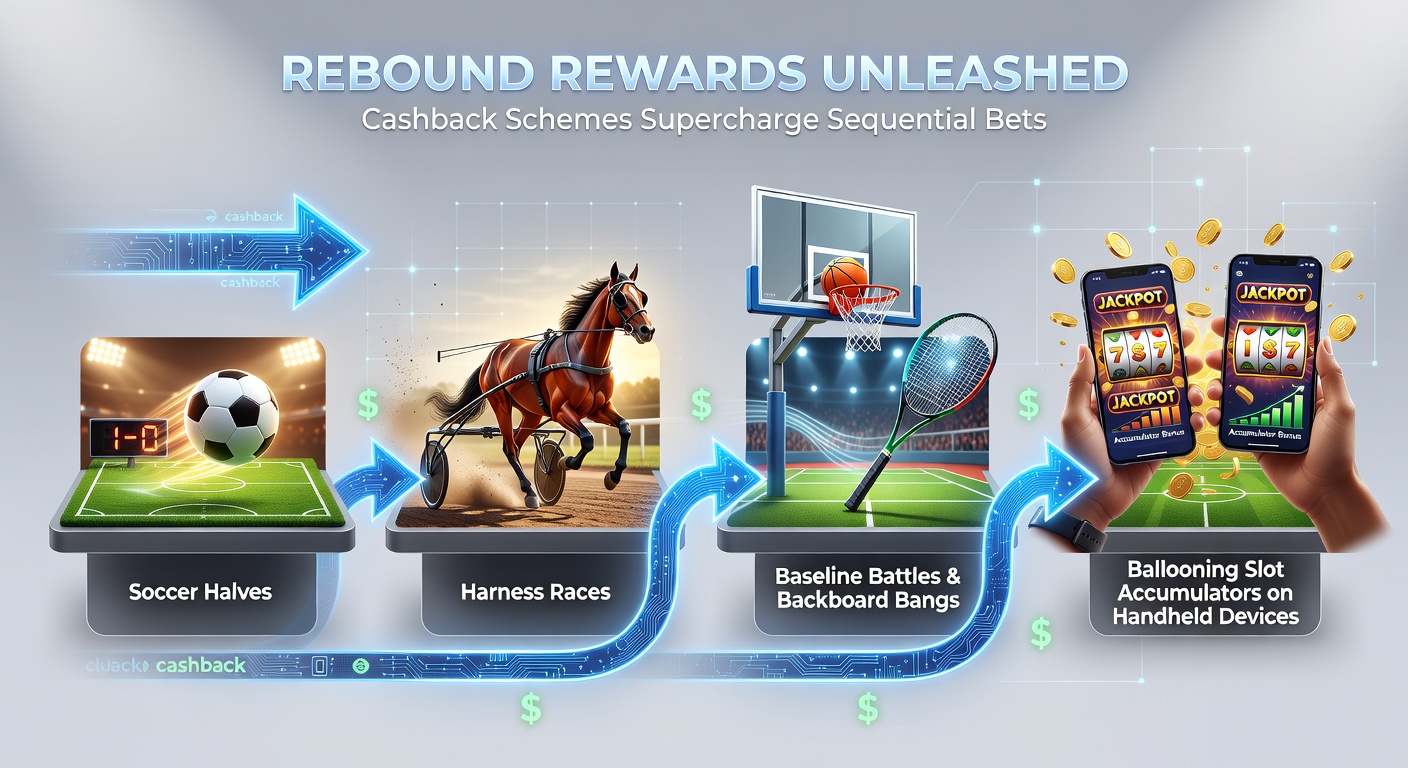 Mobile screen showing sequential betting chain from soccer halves to slot accumulators with cashback rewards highlighted