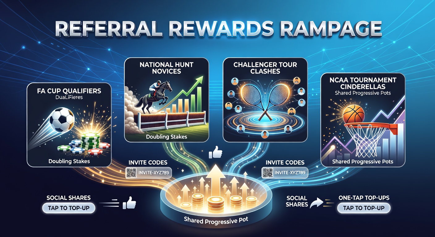 Bettors exchanging invite codes amid the thrill of FA Cup qualifiers and NCAA upsets, with progressive pot visuals in the background