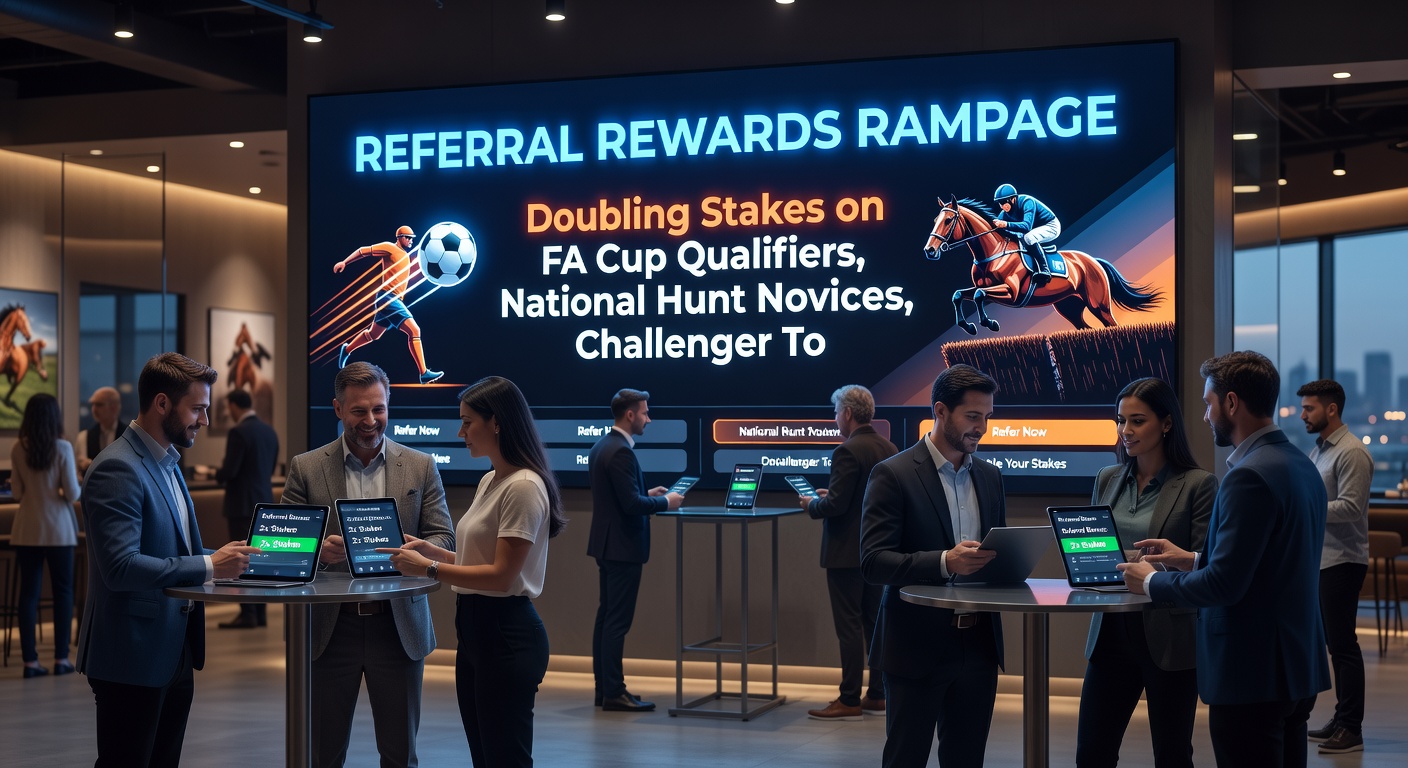 Horse racing enthusiasts sharing referral codes trackside, with novice hurdlers leaping barriers and progressive jackpot counters ticking upward