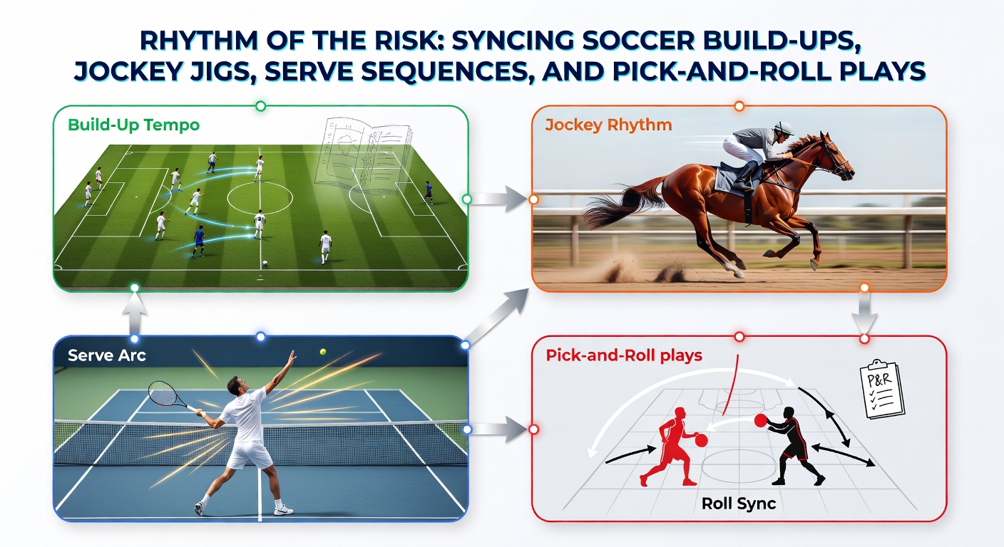 Dynamic montage of a basketball pick-and-roll transitioning to a tennis serve and horse jockey mid-jig, with digital jackpot counters overlayed