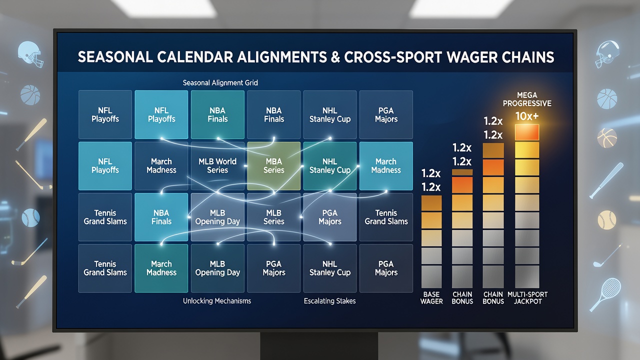 Illustration of cross-sport wager chains moving from soccer and basketball markets into an escalating casino progressive meter on a smartphone screen