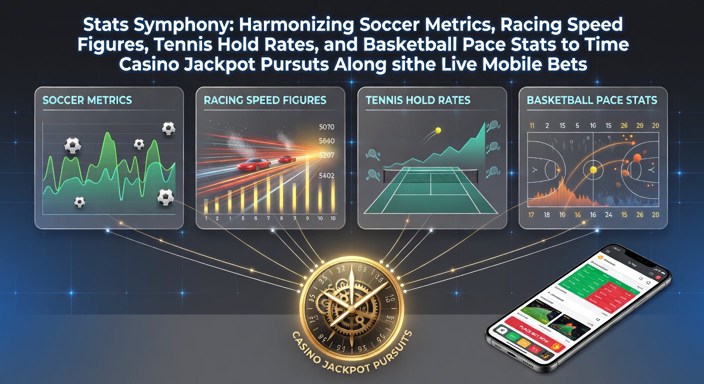Dynamic chart overlaying soccer xG metrics, horse racing speed figures, tennis hold percentages, and basketball pace graphs syncing with rising casino jackpot meters on a mobile betting app