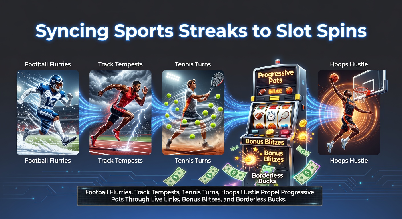 Dynamic digital display showing intertwined sports action from football pitches, track events, tennis courts, and basketball arenas morphing into vibrant slot machine reels with rising progressive jackpot counters