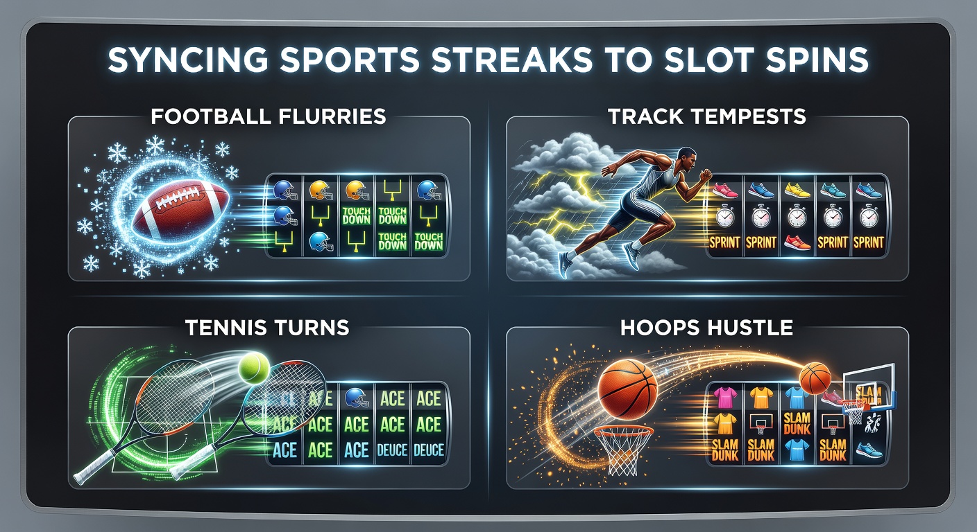 High-energy collage of athletes bursting from starting blocks on a track, tennis players mid-volley, basketball players driving to the hoop, and footballers celebrating a goal, all converging toward glowing slot jackpot meters