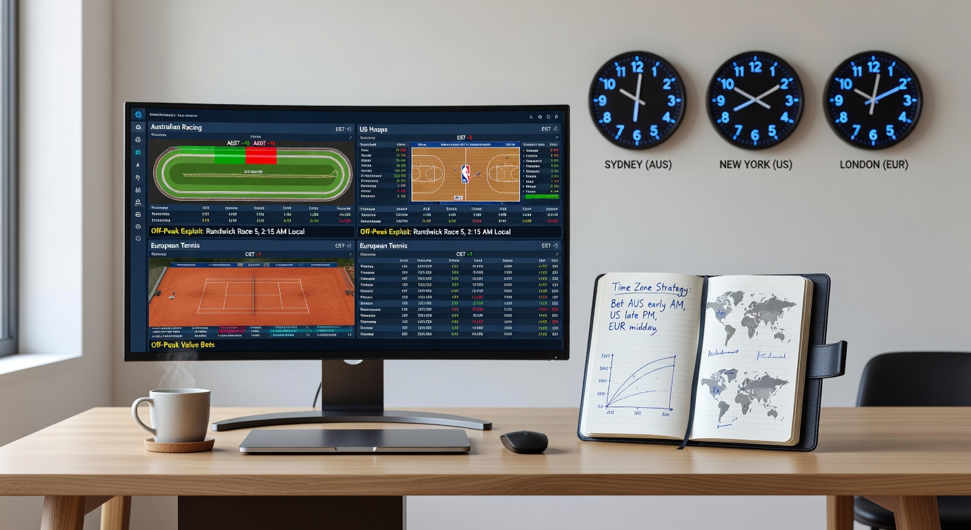 Montage of a bettor's screen displaying off-peak odds from Aussie tracks merging into US basketball stats, tennis courts, soccer fields, and rising jackpot meters with global payment icons