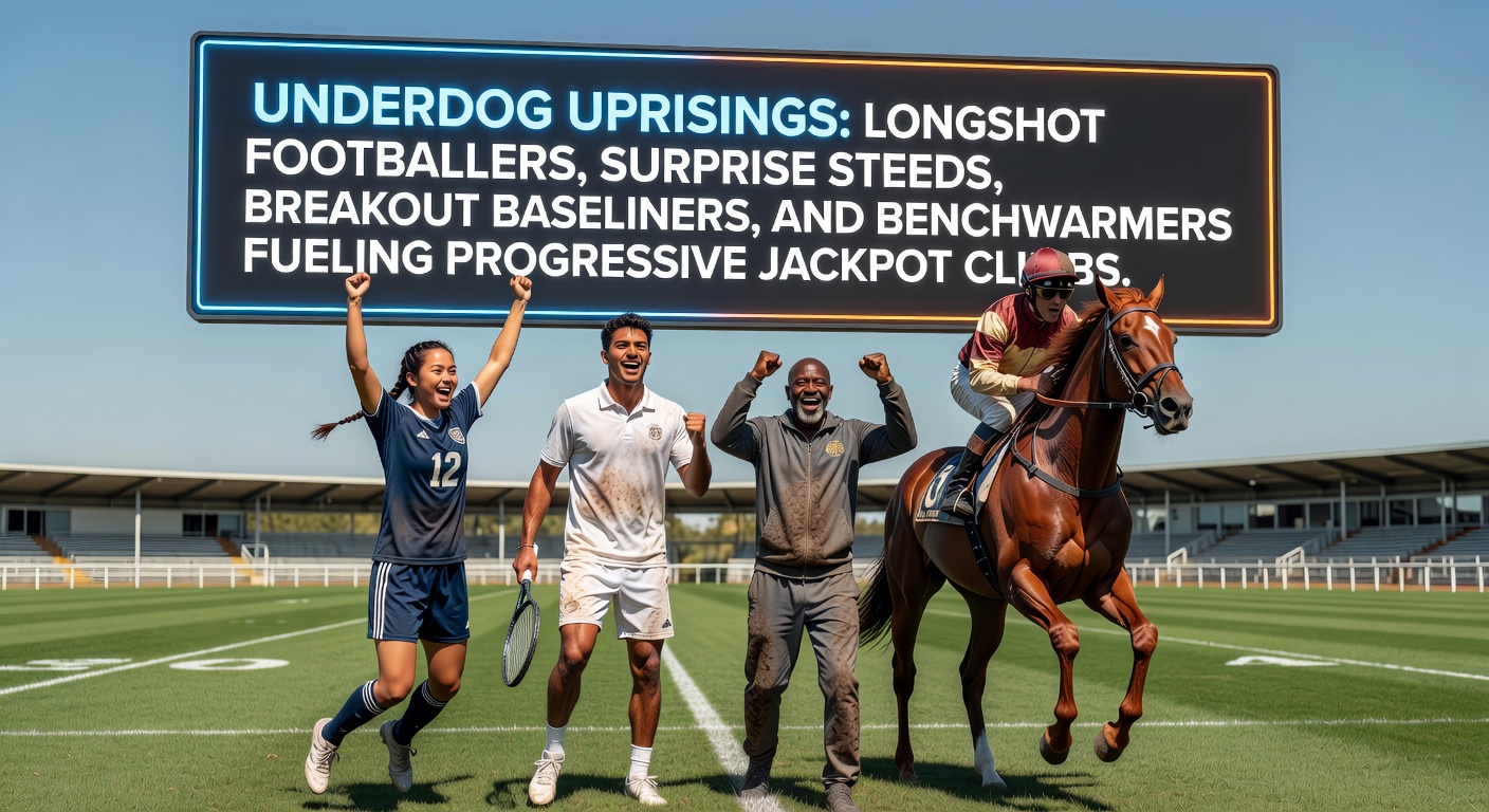 A jubilant underdog footballer leaping in celebration after a shock goal, crowd roaring in the background