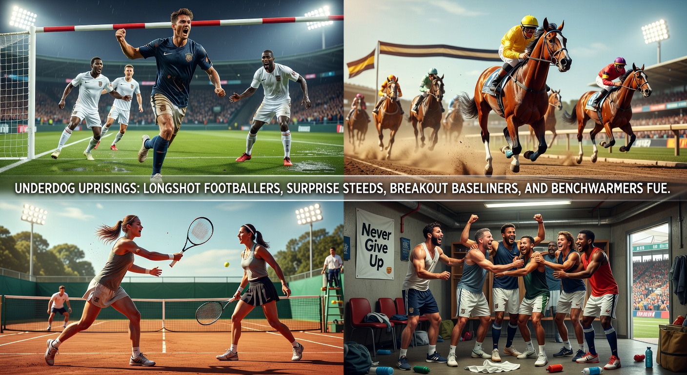 A breakout tennis player smashing a forehand baseline winner against a top seed, stadium lights blazing