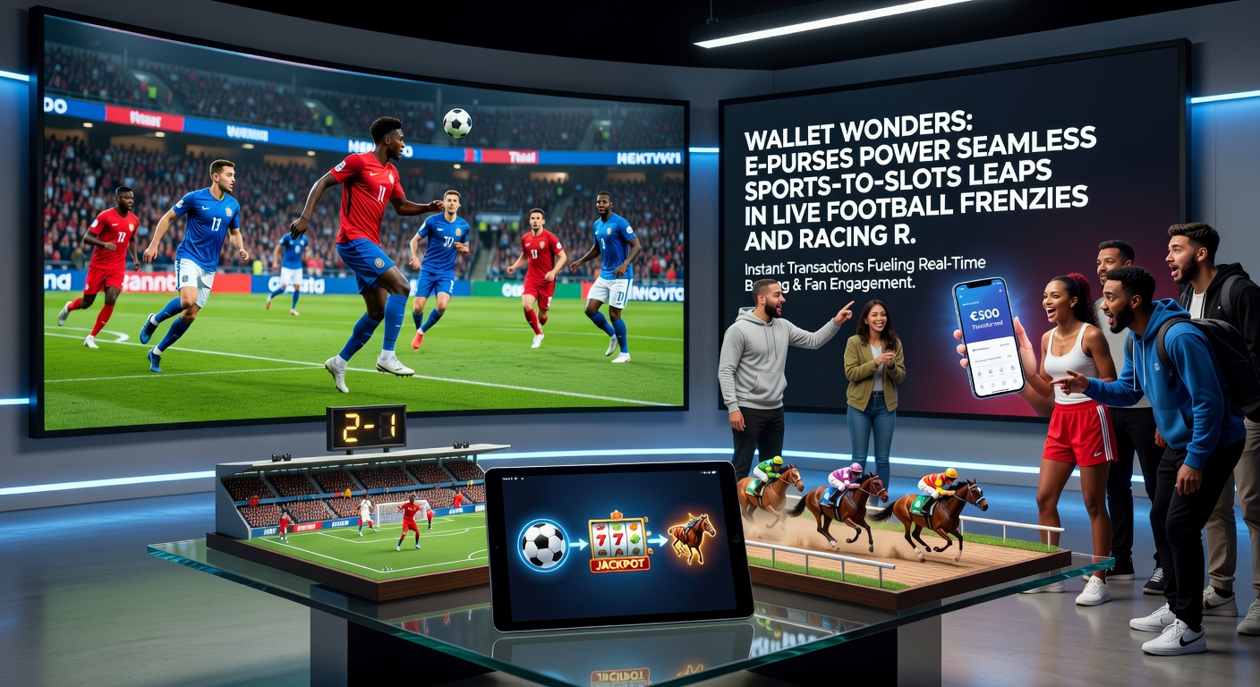 Dynamic split-screen of a live horse race overlayed with slot machine reels and e-wallet transaction confirmations