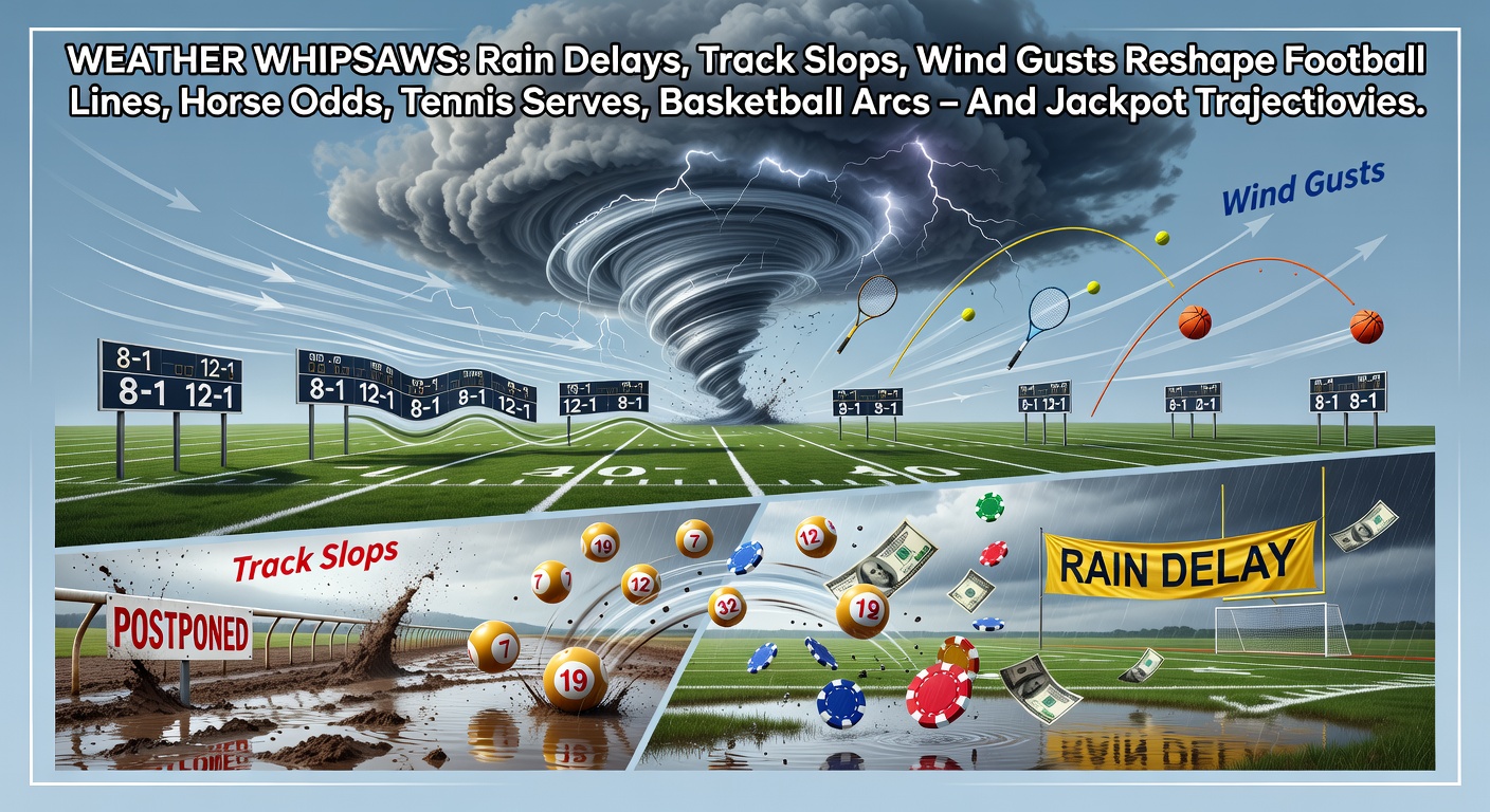 A rain-soaked football pitch with players slipping during a match, highlighting weather's impact on play and betting lines