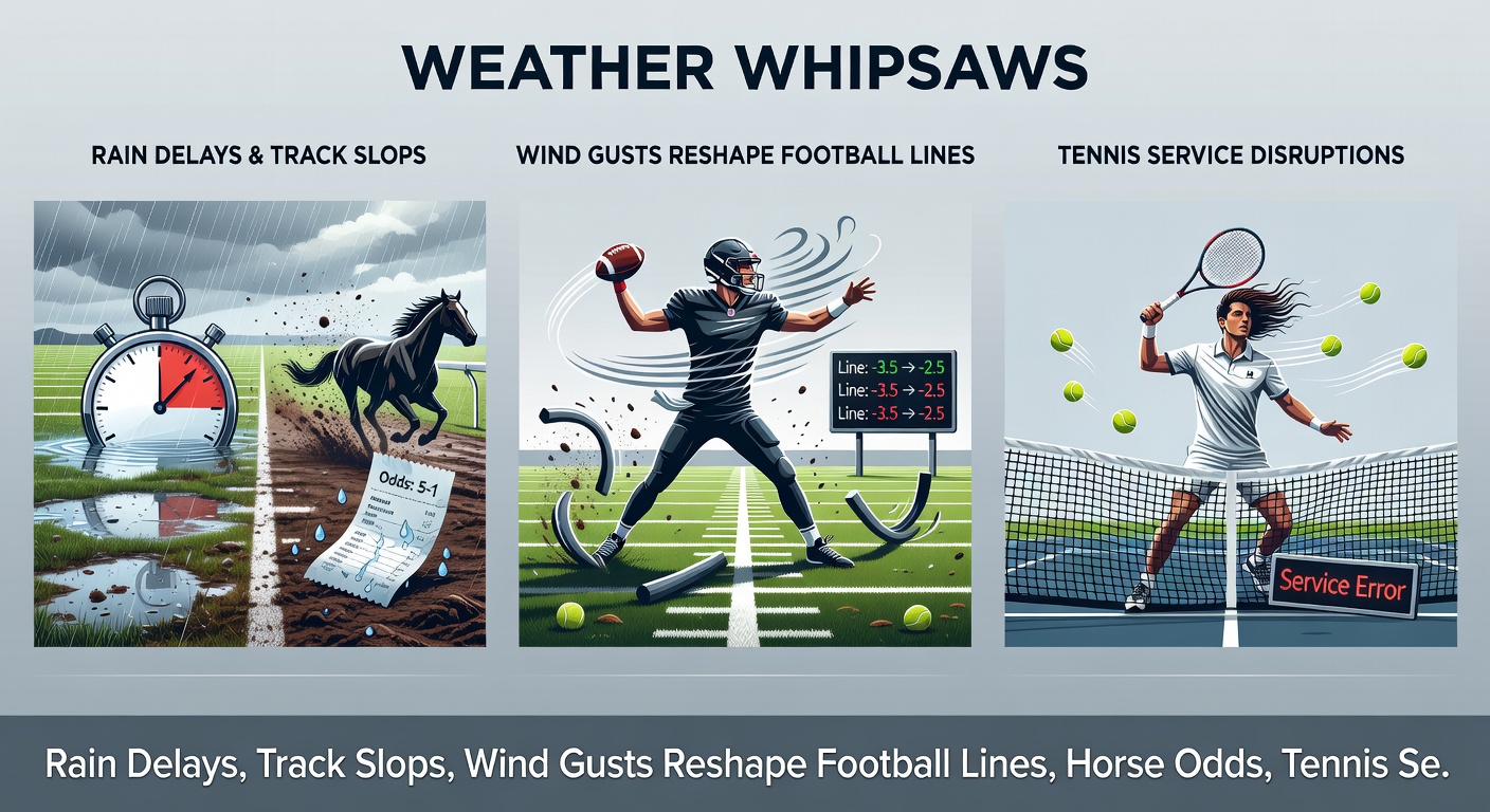 Wind-swept tennis court with a player serving against gusts, illustrating how elements disrupt serves and betting trajectories