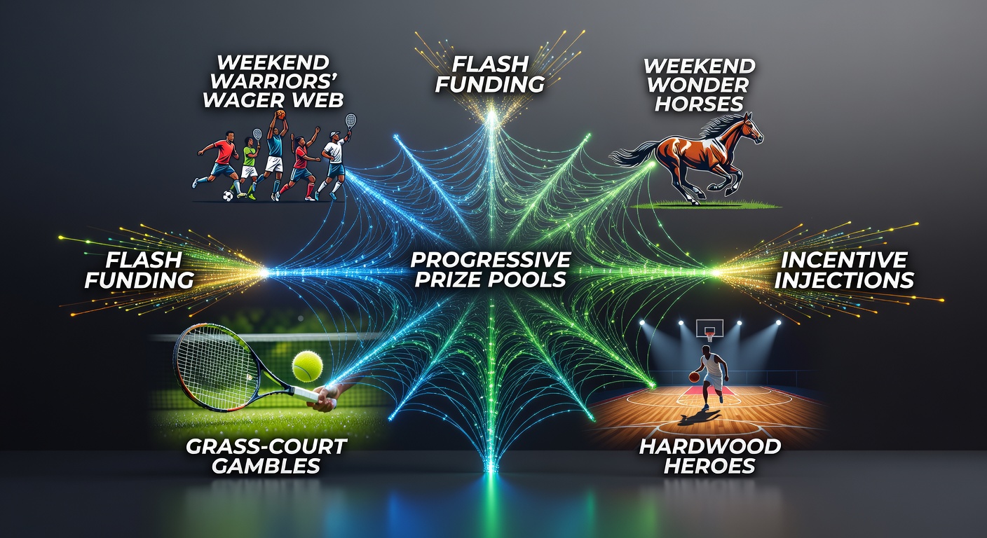 Dynamic collage of Premier League soccer action, galloping racehorses, grass-court tennis rallies, and basketball dunks blending into glowing progressive jackpot pools